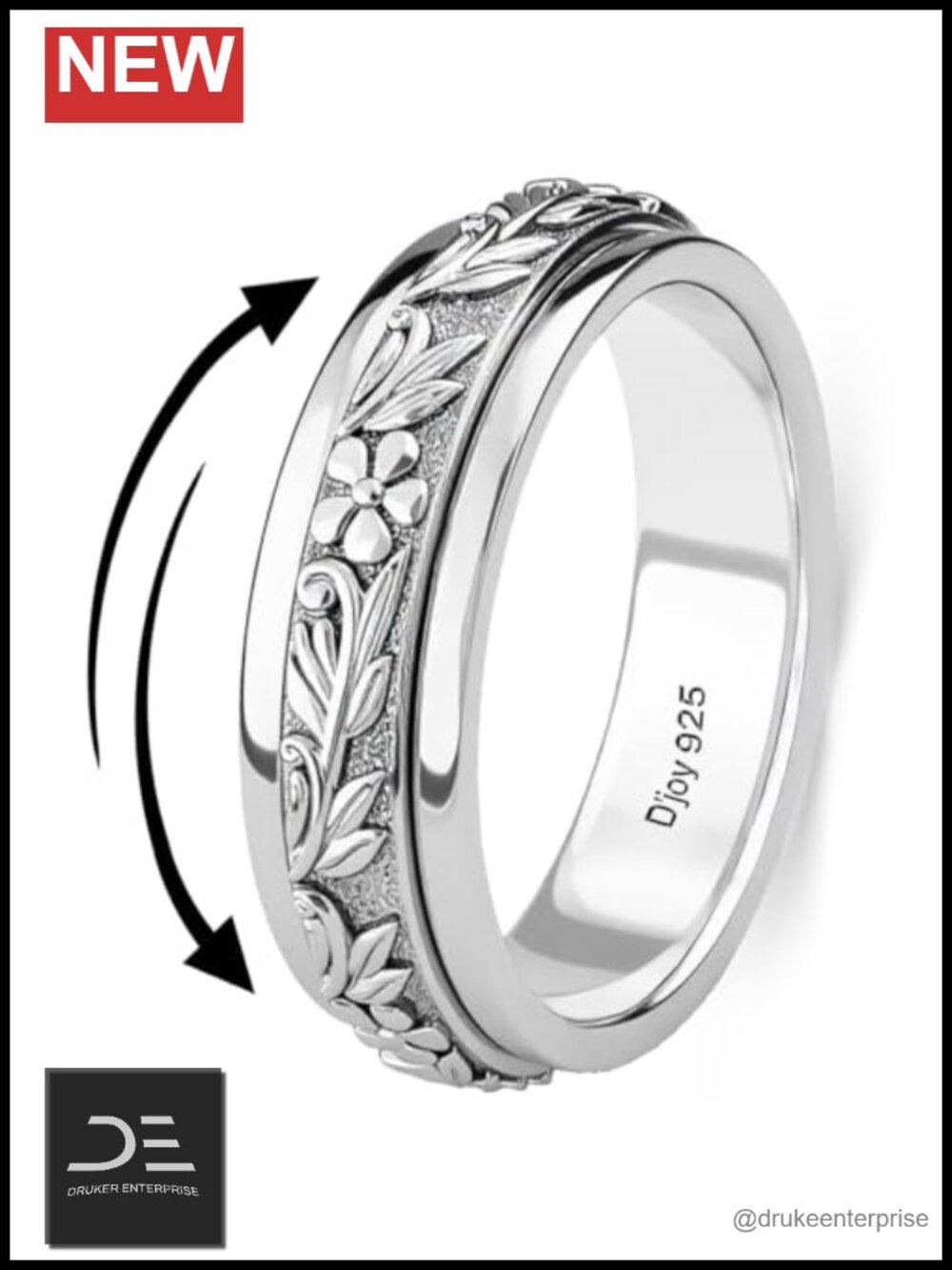 925 Sterling Silver Platinum Plated Spinner Fidget Anxiety Ring
